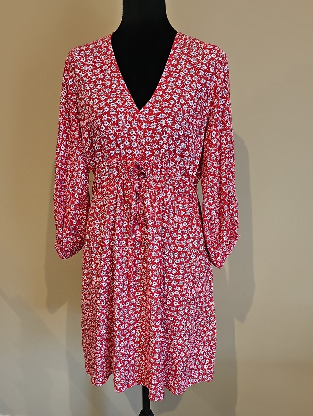 GAP Red Floral V-Neck Tie-Waist Midi Dress